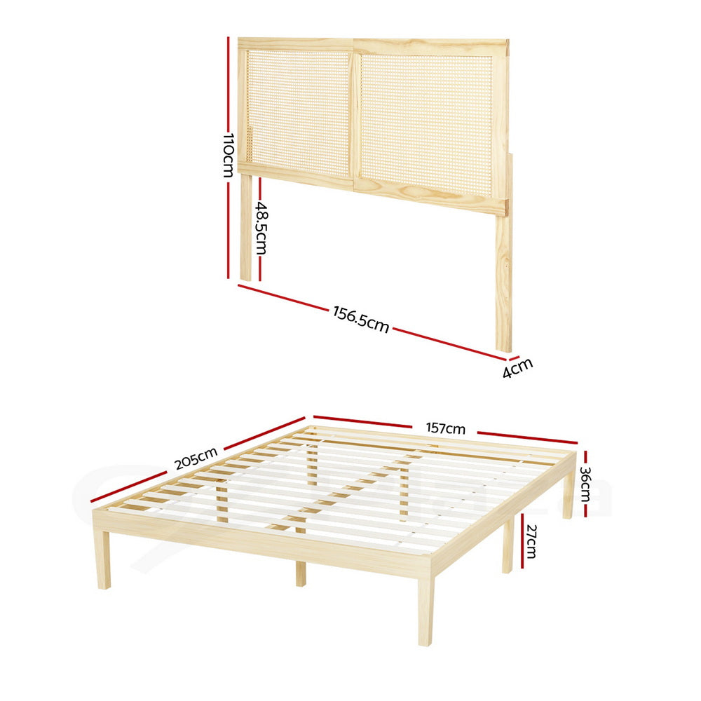Bruno Bed Frame – Pinewood with Rattan Headboard, Queen Size