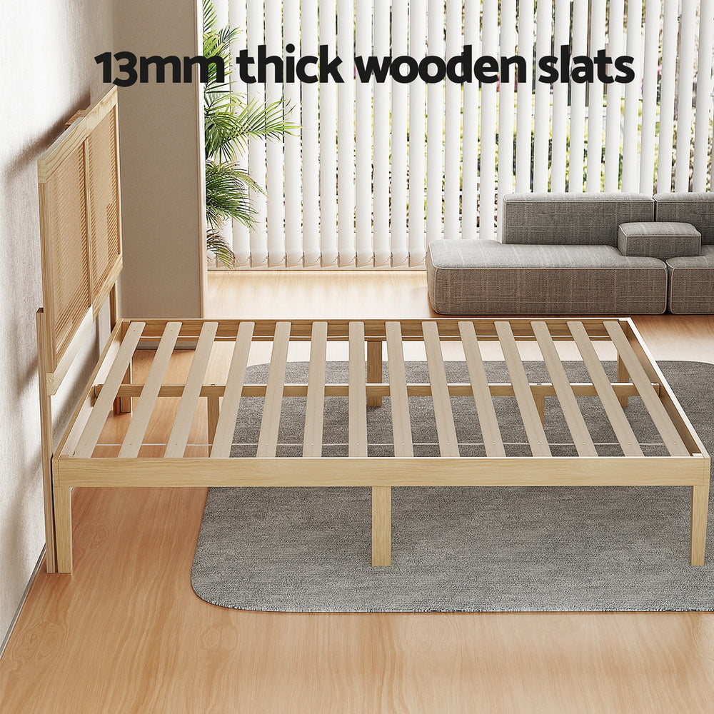 Bruno Bed Frame – Pinewood with Rattan Headboard, Queen Size