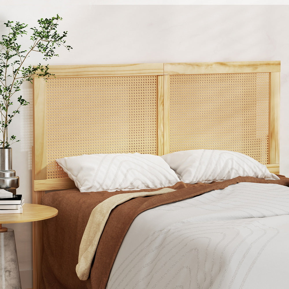 Bruno Bed Frame – Pinewood with Rattan Headboard, Queen Size