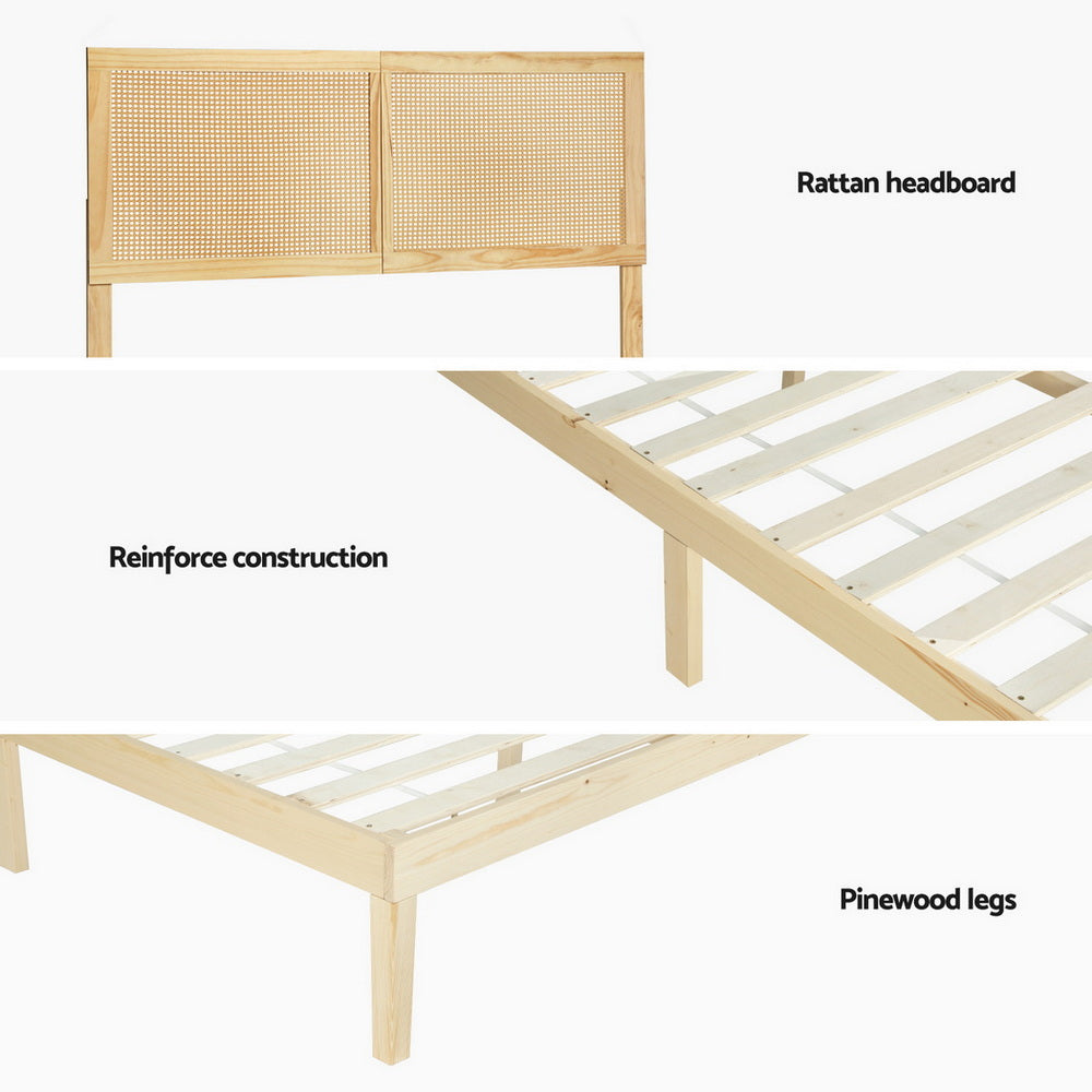 Bruno Bed Frame – Pinewood with Rattan Headboard, Queen Size