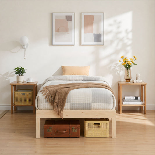 Single Bruno wooden bed frame in solid pine with a minimalist design, shown in a modern bedroom setting.