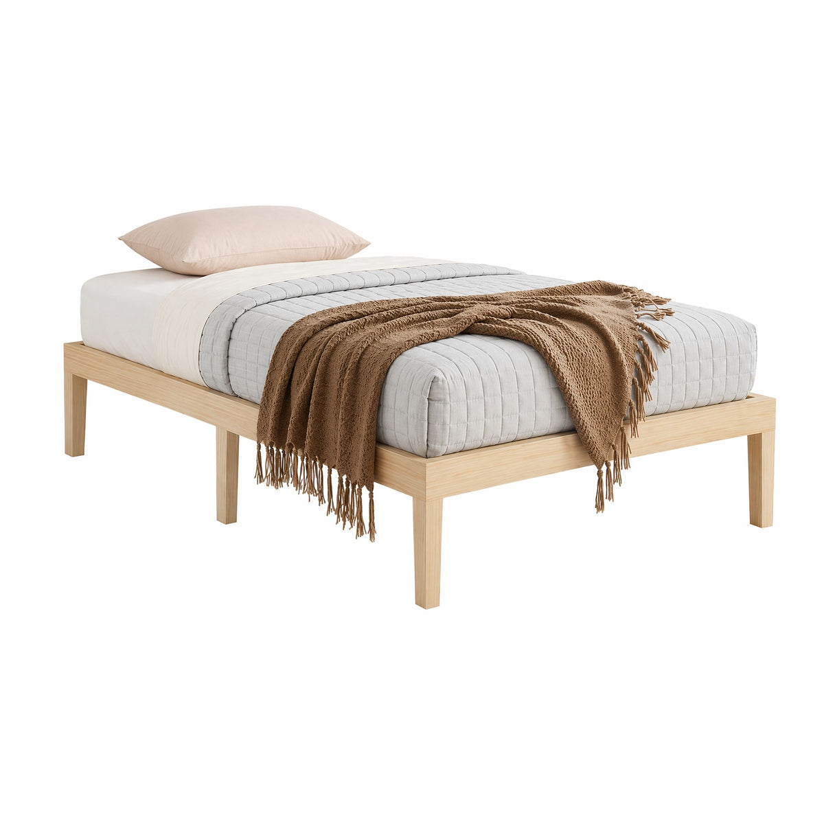 Single size Bruno wooden bed frame made of solid pine with a simple, sturdy design for bedroom furniture.