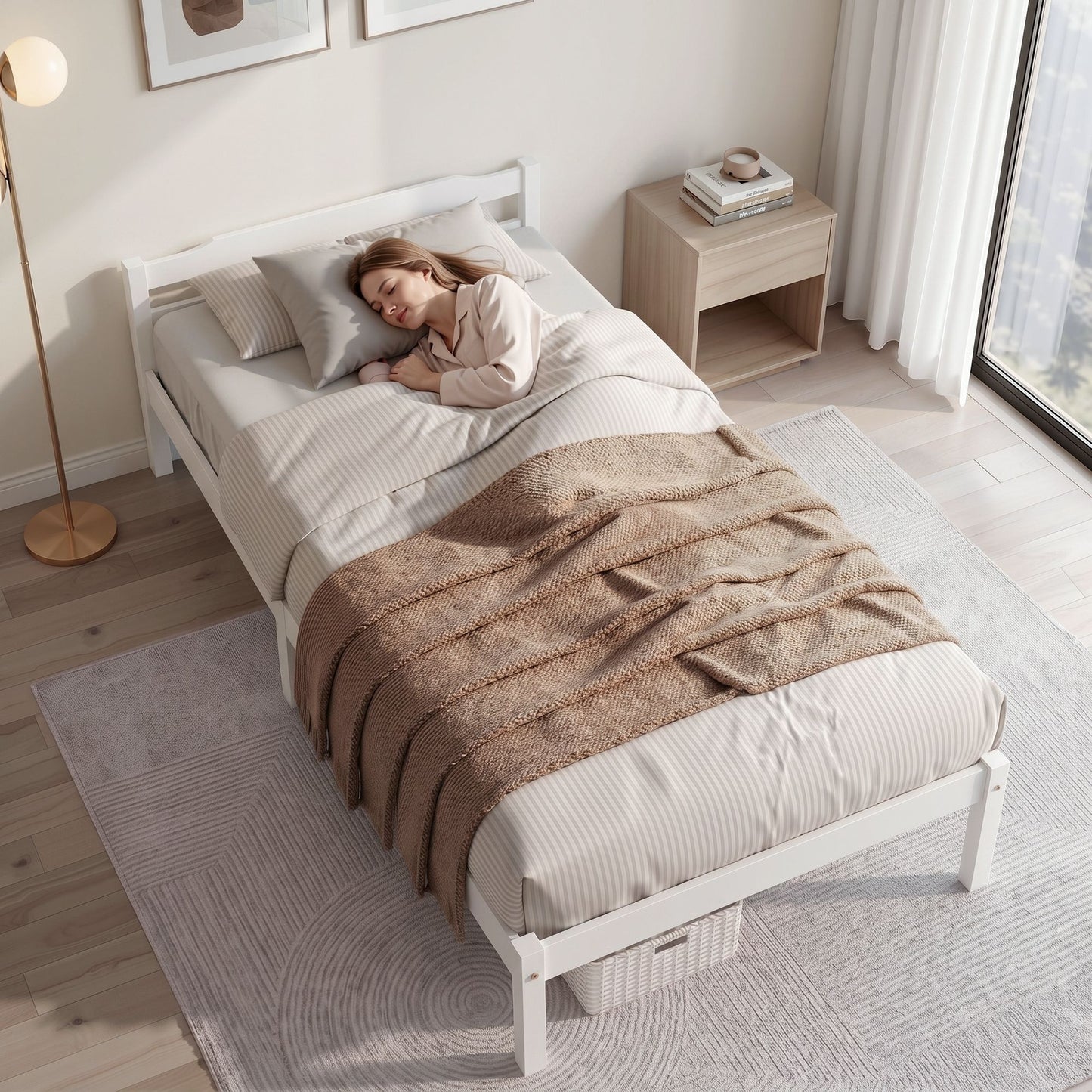 TWSC Bed Frame King Single Size Wooden White LEXI