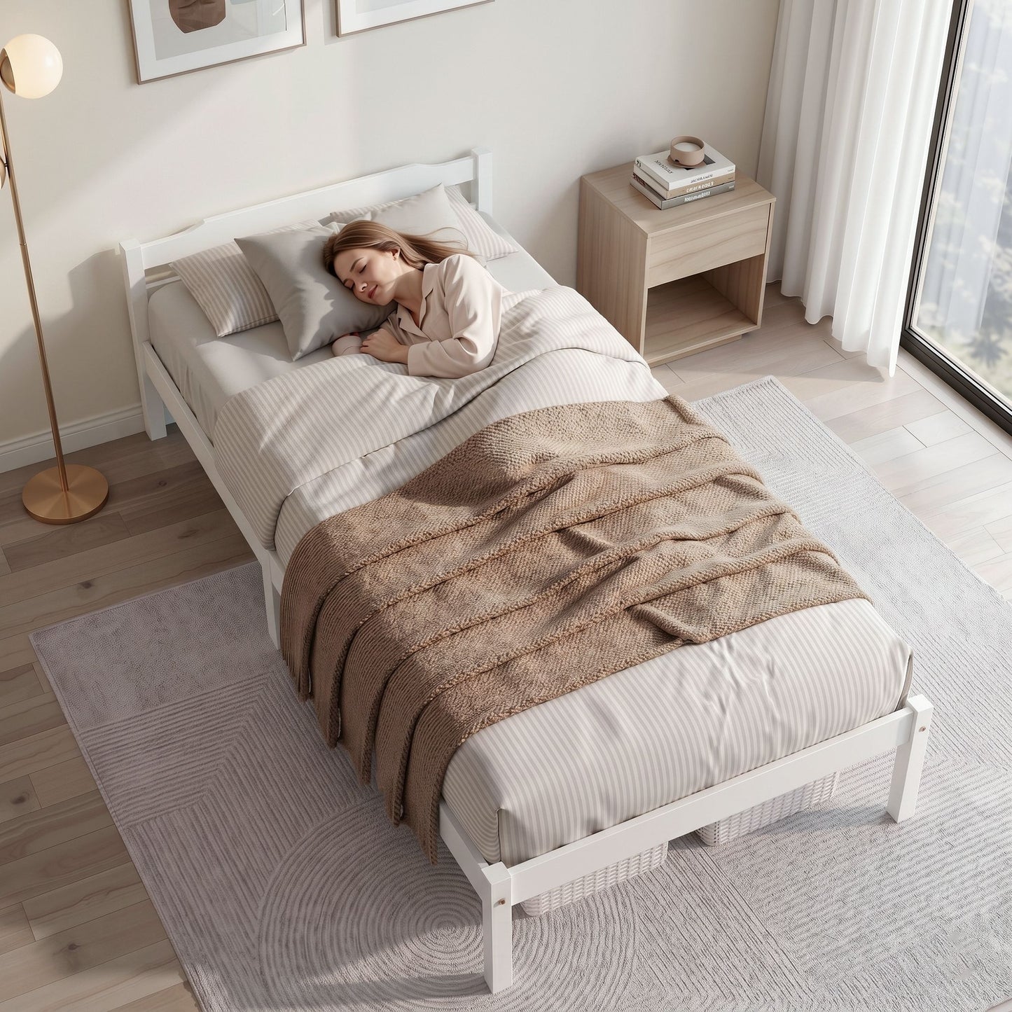 TWSC Bed Frame Single Size Wooden White LEXI