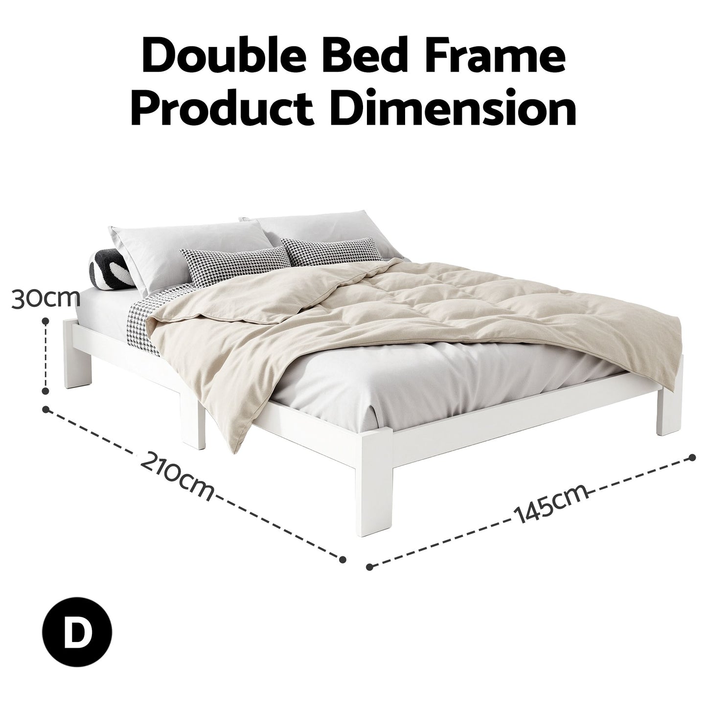 TWSC Bed Frame Double Size Wooden White JADE