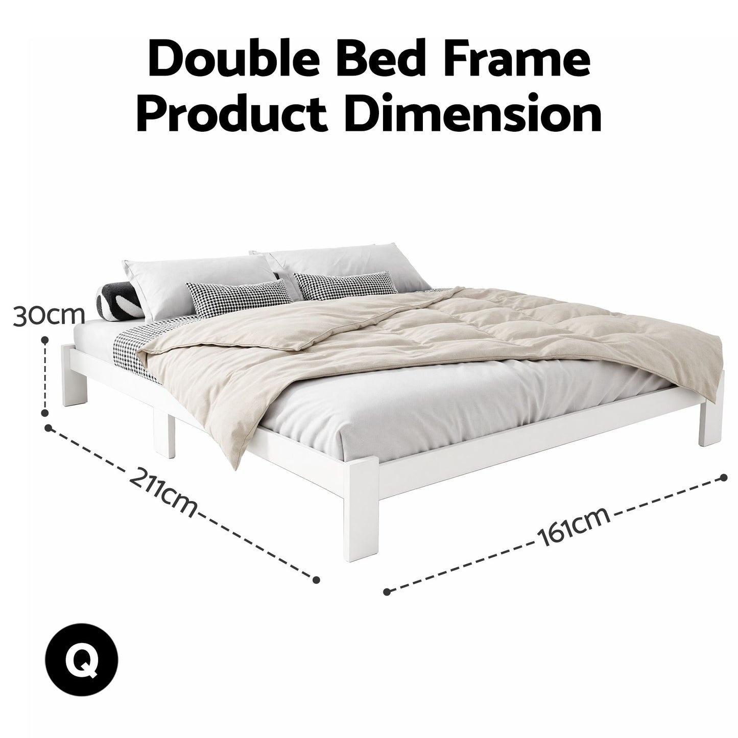 TWSC Bed Frame Queen Size Wooden White JADE