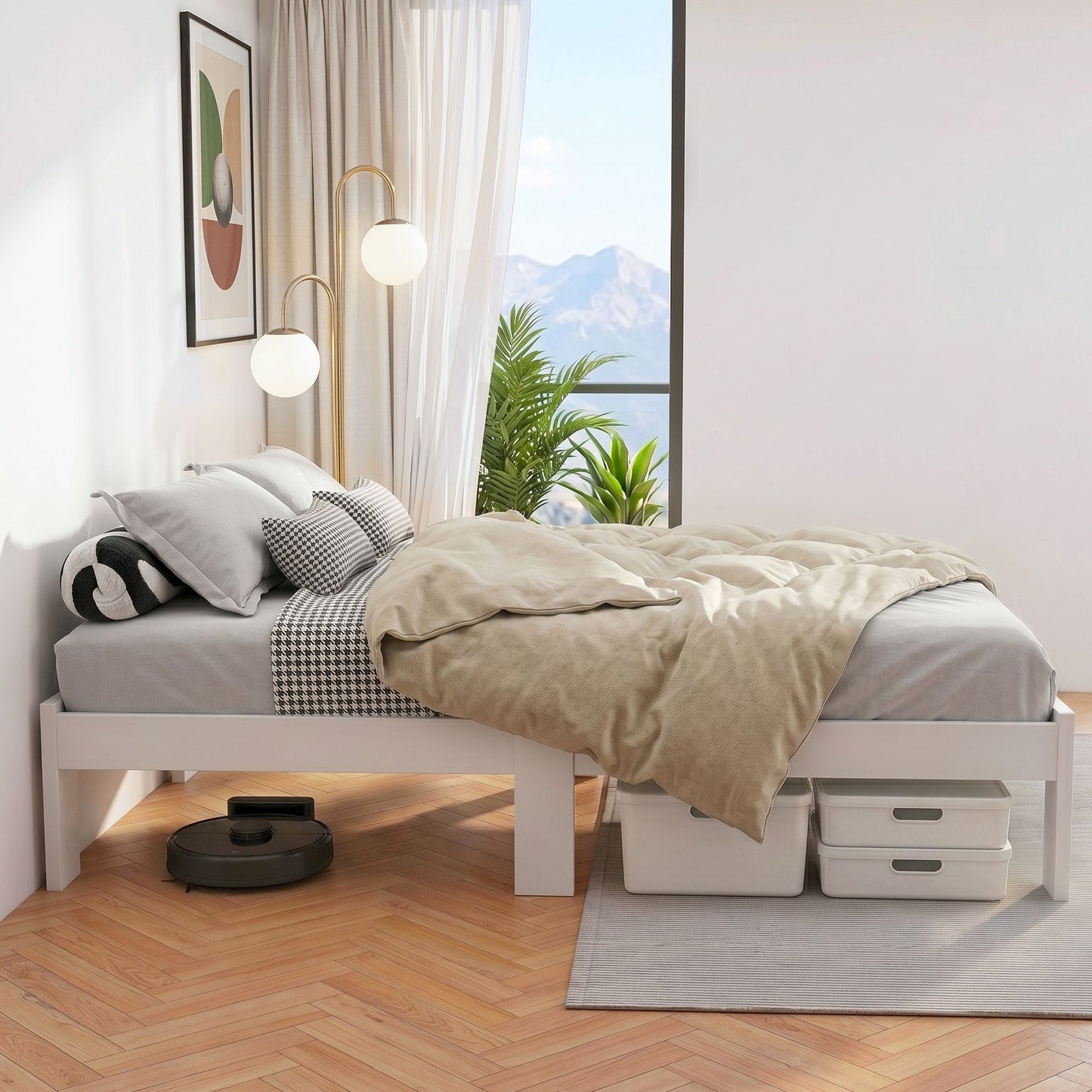 TWSC Bed Frame Queen Size Wooden White JADE