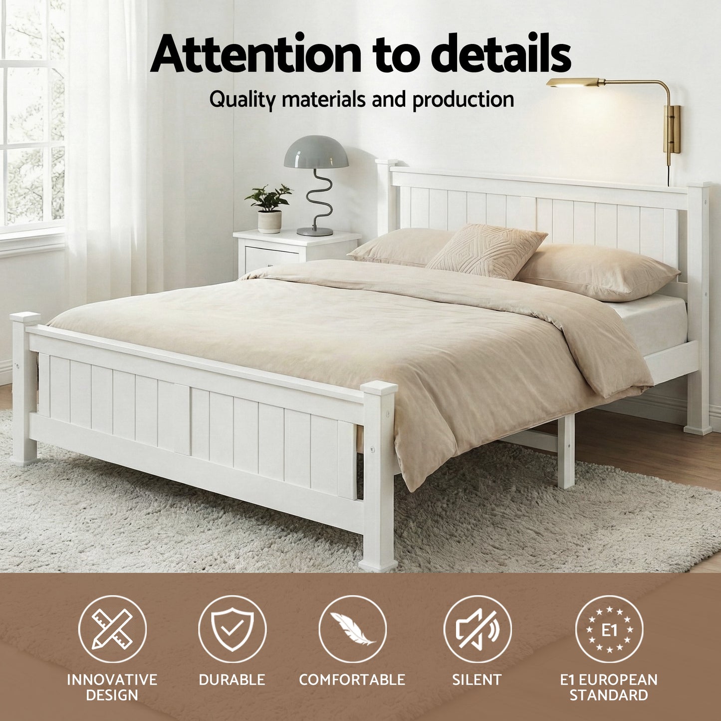 TWSC Bed Frame Double Size Wooden White RIO