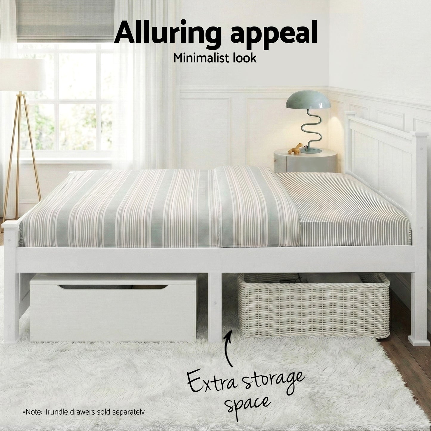 TWSC Bed Frame Double Size Wooden White RIO