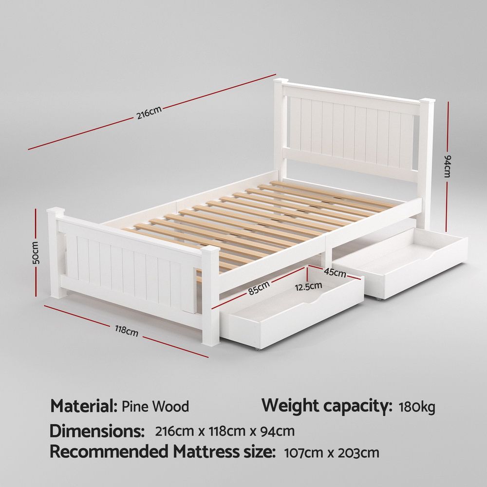 Rio Wooden Bed Frame with 2 Storage Drawers – King Single, White