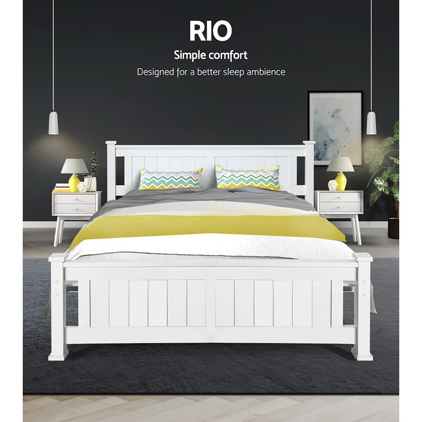 TWSC Bed Frame Queen Size Wooden White RIO