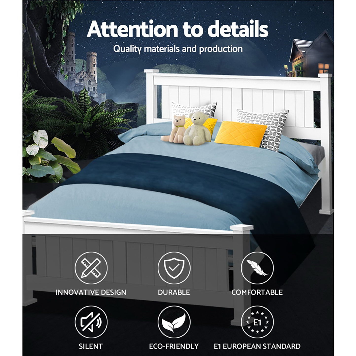 TWSC Bed Frame Queen Size Wooden White RIO