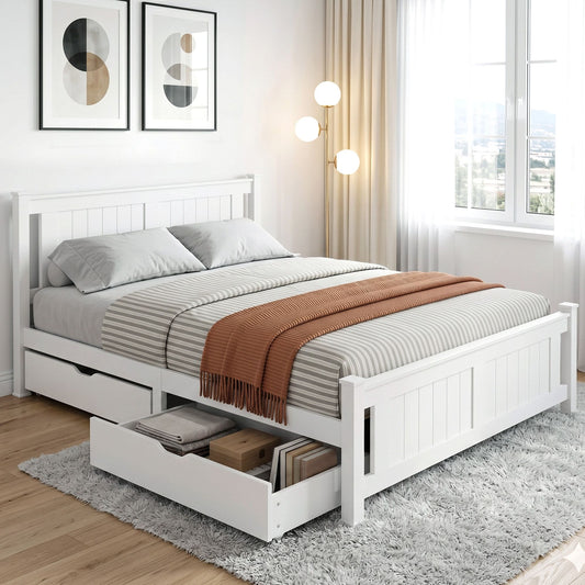 TWSC Bed Frame Queen Size Wooden Platform with 2 Storage Drawers White RIO
