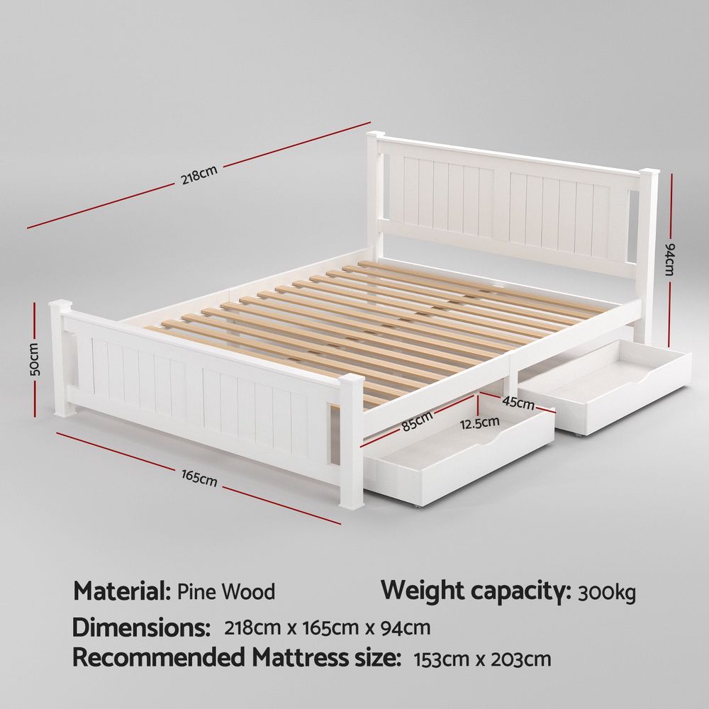Bed Frame with Storage Drawers – Queen Size, White Pine Wood