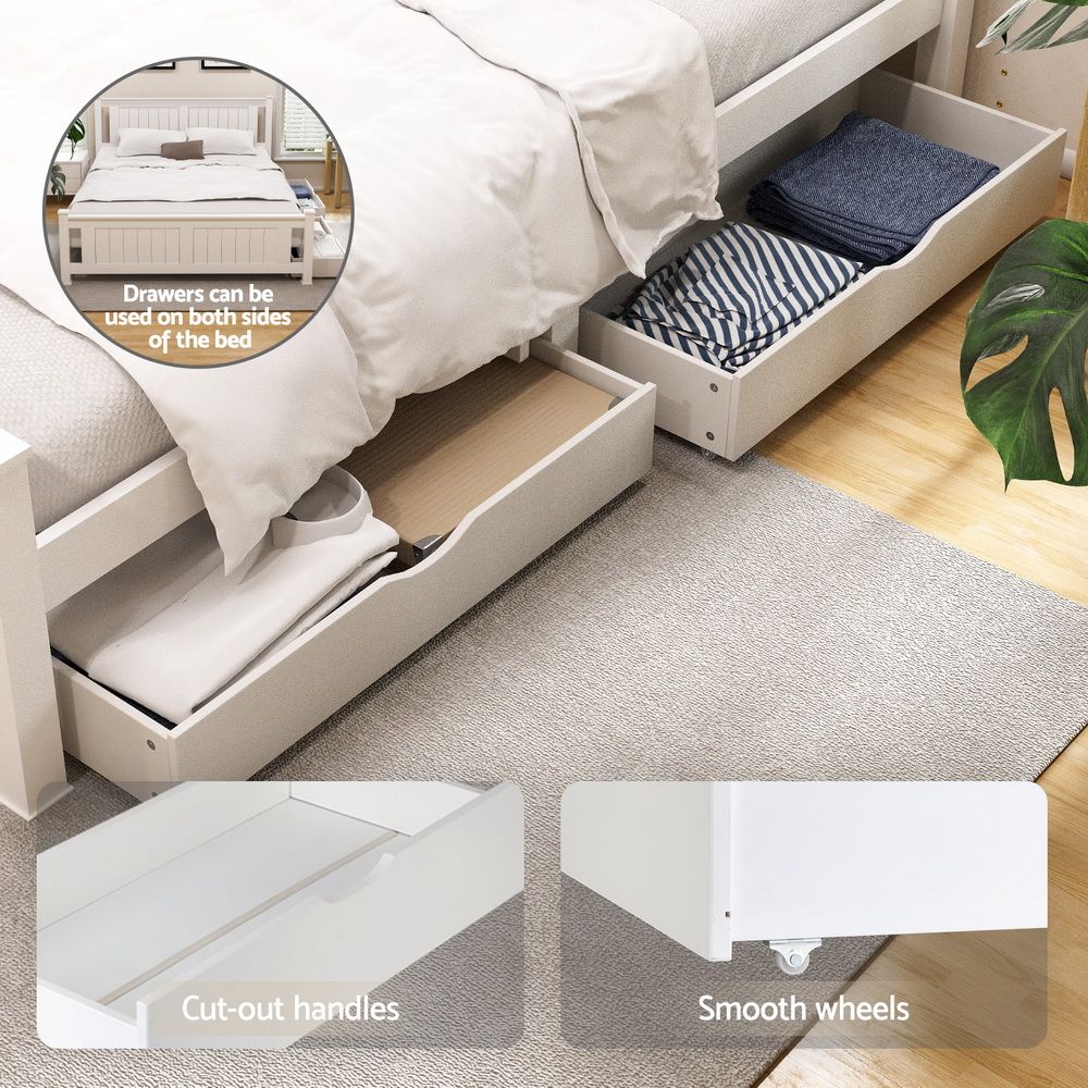 Bed Frame with Storage Drawers – Queen Size, White Pine Wood