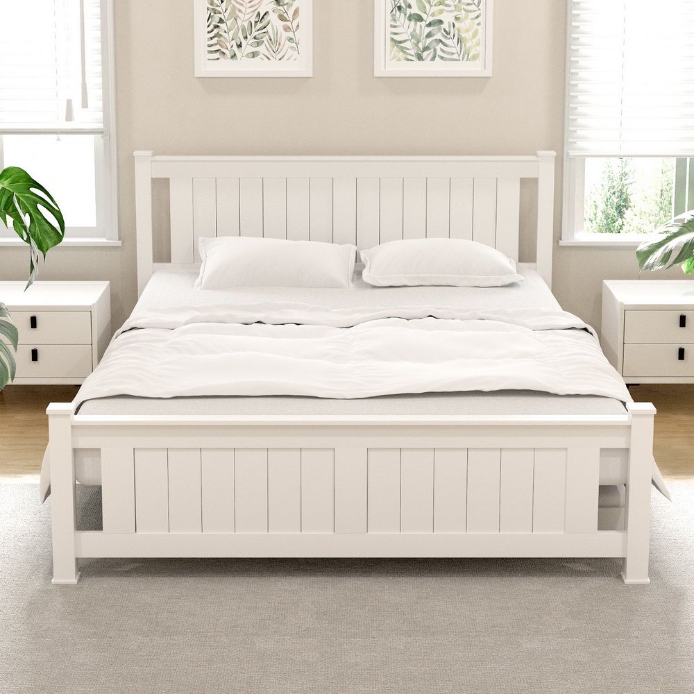 Bed Frame with Storage Drawers – Queen Size, White Pine Wood