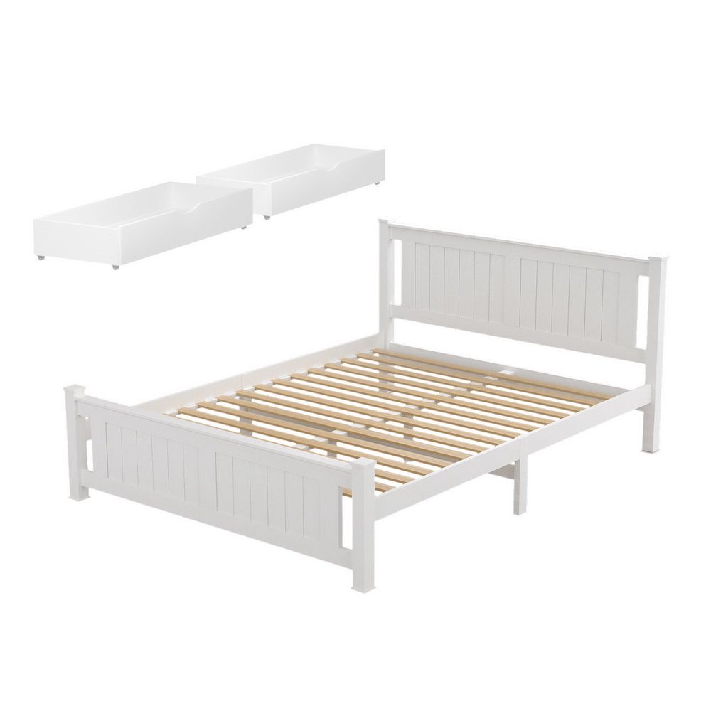 Bed Frame with Storage Drawers – Queen Size, White Pine Wood
