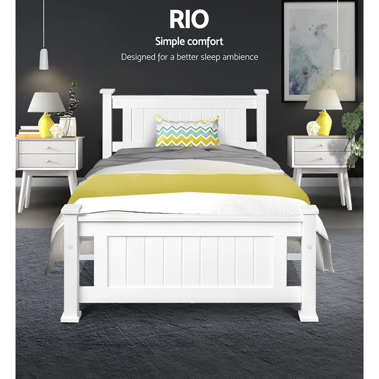 TWSC Bed Frame Single Size Wooden White RIO