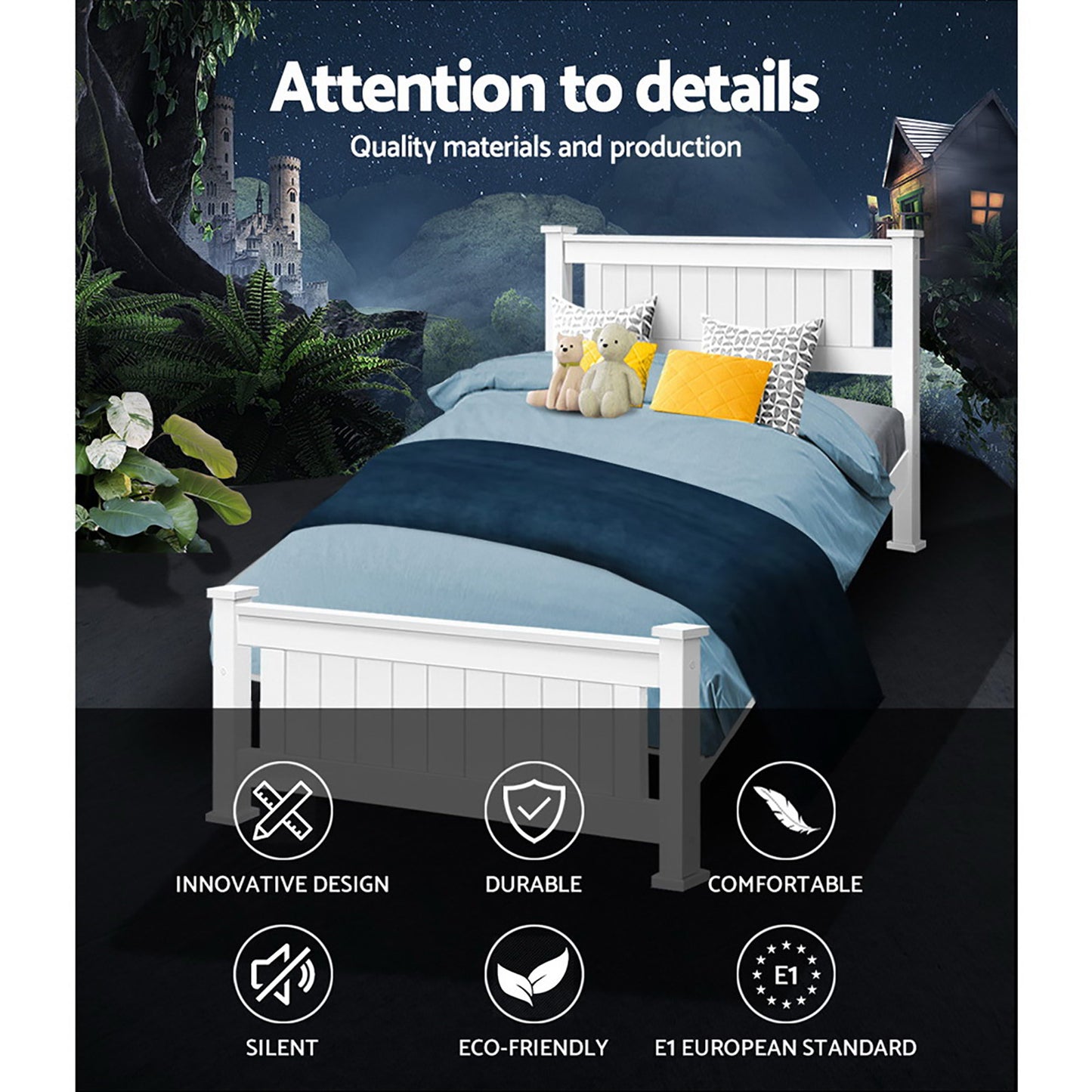 TWSC Bed Frame Single Size Wooden White RIO