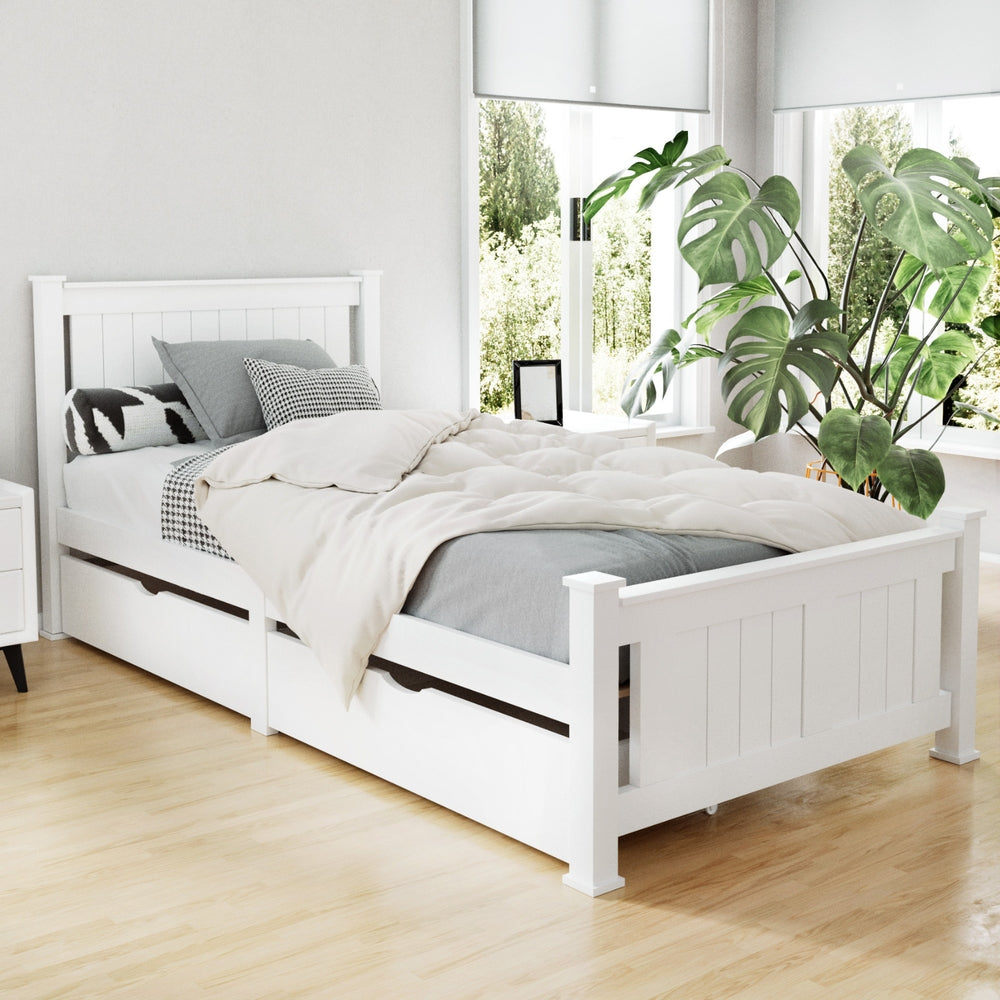 TWSC Bed Frame Single Size Wooden with 2 Drawers White RIO
