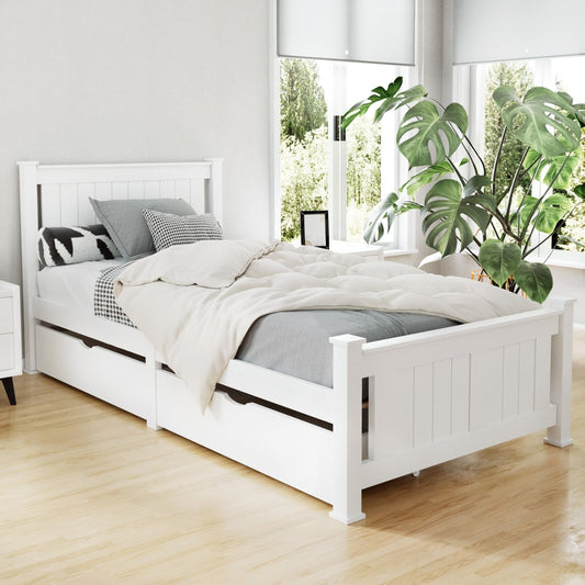 TWSC Bed Frame Single Size Wooden with 2 Drawers White RIO