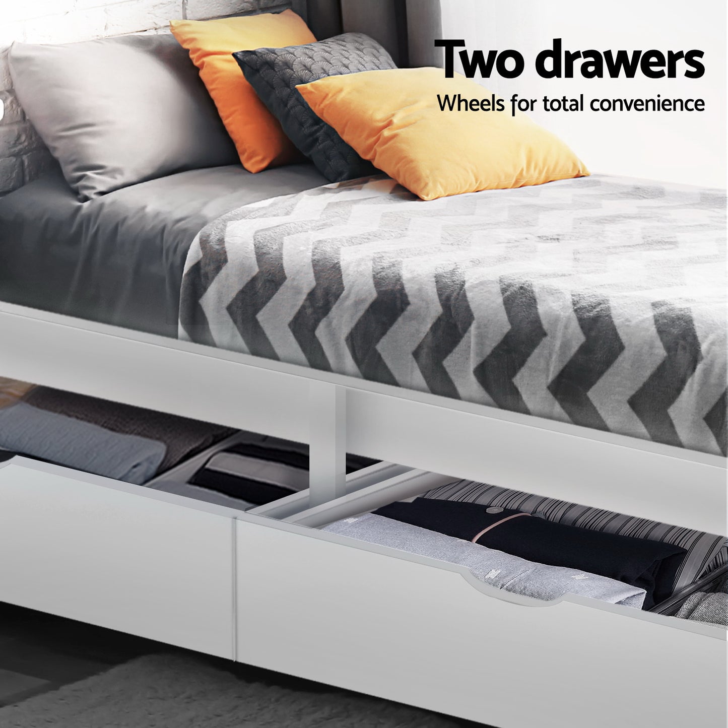 TWSC Bed Frame Single Size Wooden with 2 Drawers White RIO