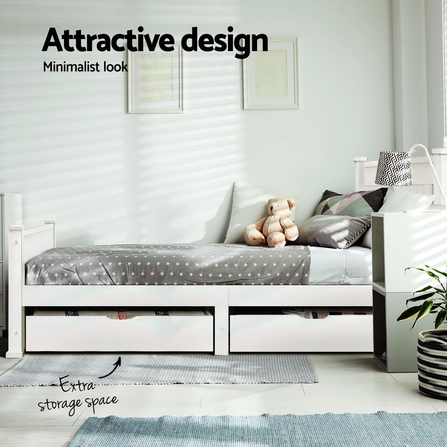 TWSC Bed Frame Single Size Wooden with 2 Drawers White RIO