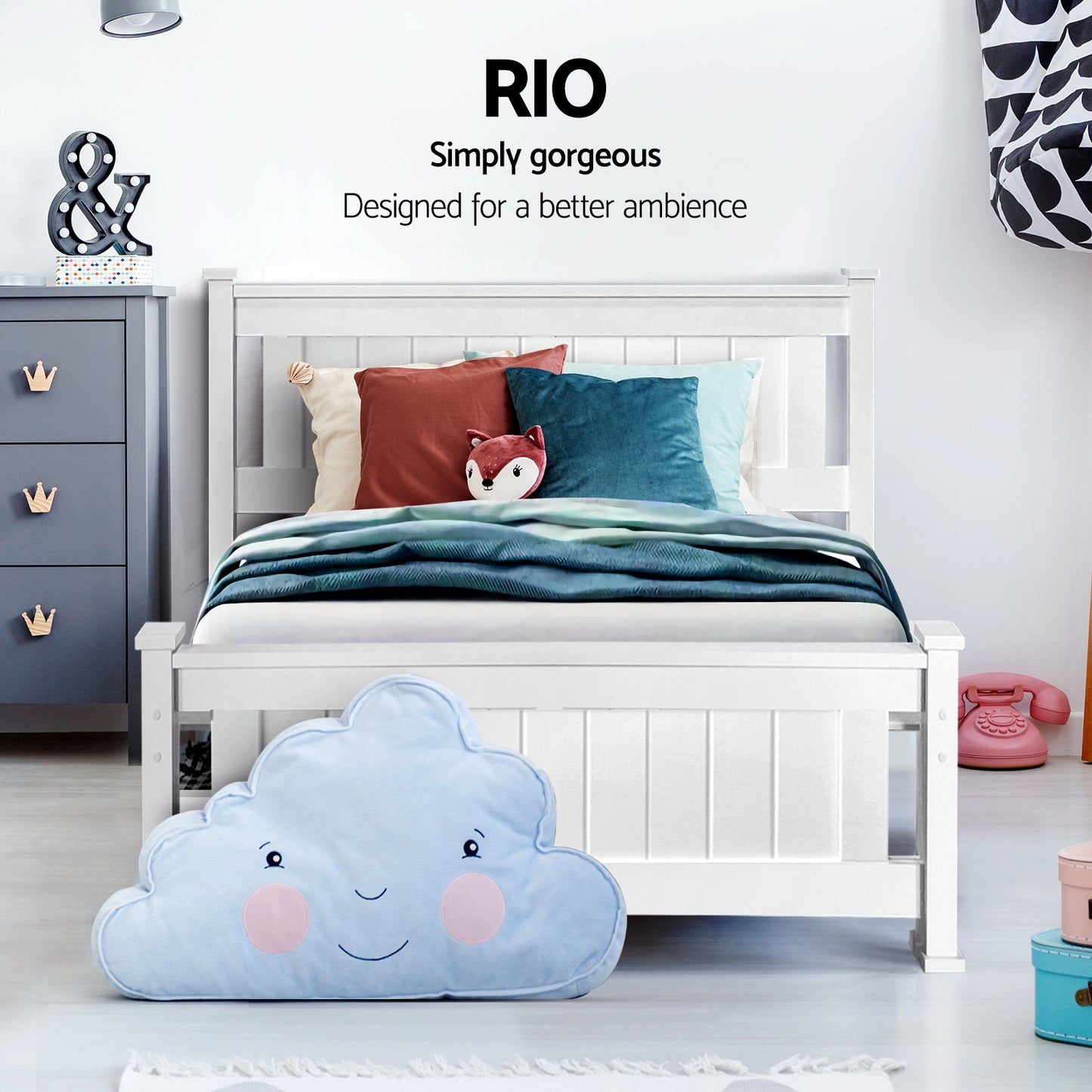 TWSC Bed Frame Single Size Wooden with 2 Drawers White RIO