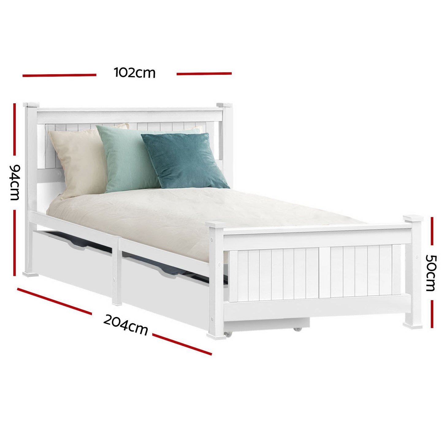 TWSC Bed Frame Single Size Wooden with 2 Drawers White RIO