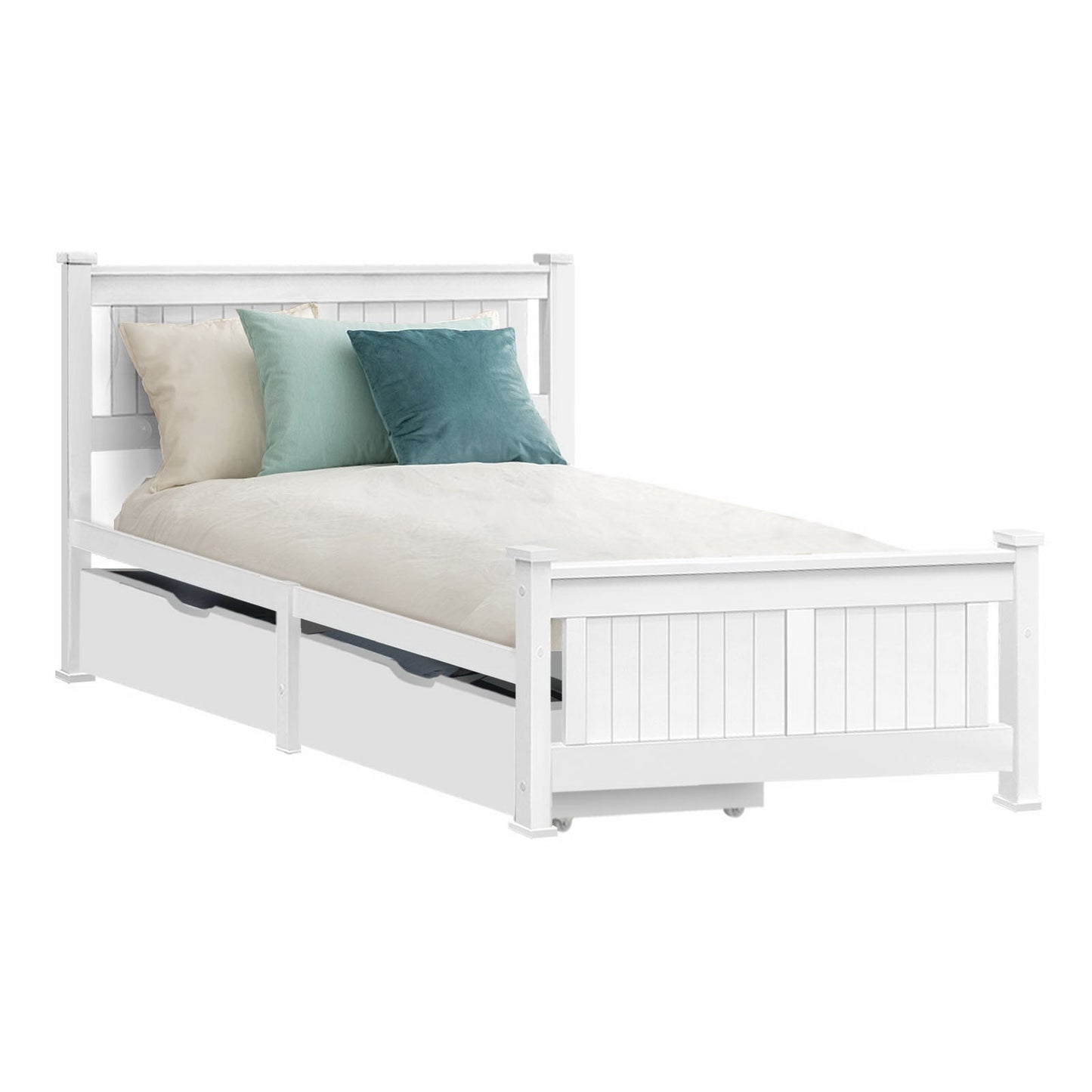 TWSC Bed Frame Single Size Wooden with 2 Drawers White RIO