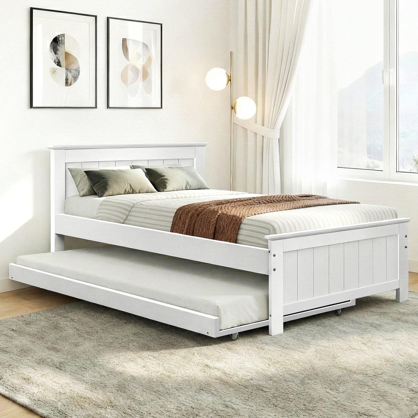 TWSC Bed Frame King Single Size Wooden Trundle Daybed White ELVIS
