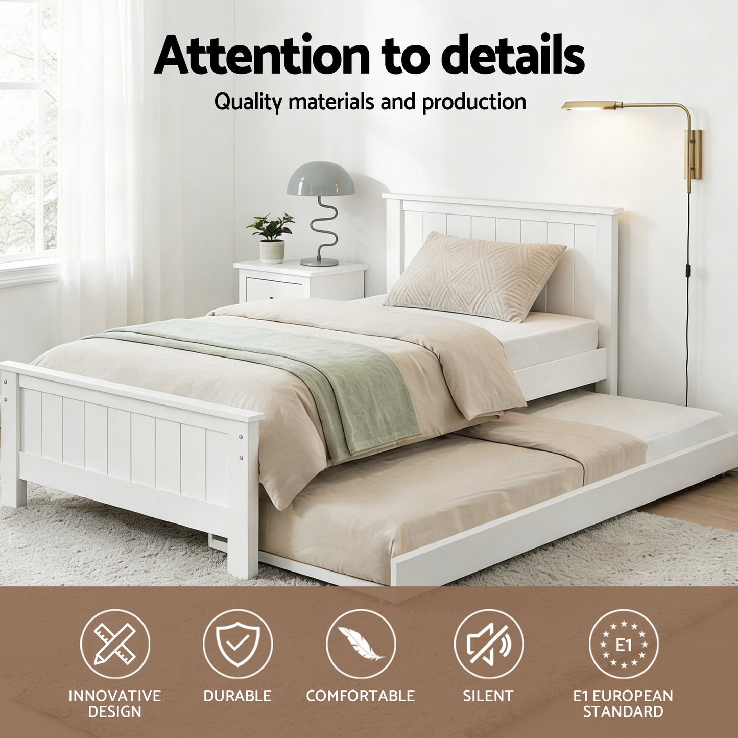 TWSC Bed Frame King Single Size Wooden Trundle Daybed White ELVIS