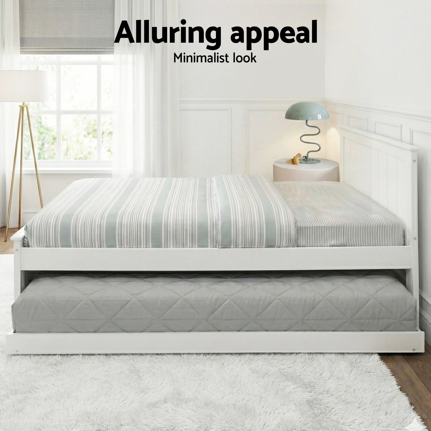 TWSC Bed Frame King Single Size Wooden Trundle Daybed White ELVIS