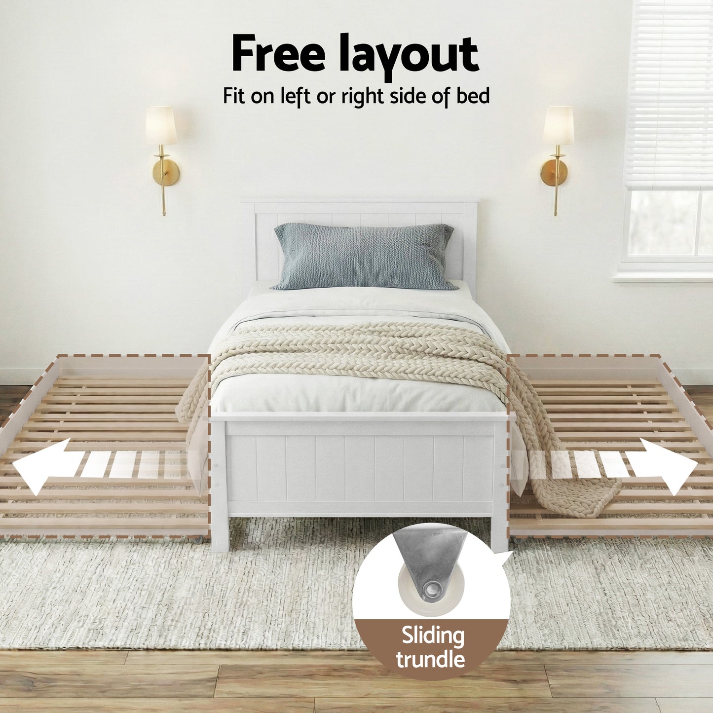 TWSC Bed Frame King Single Size Wooden Trundle Daybed White ELVIS