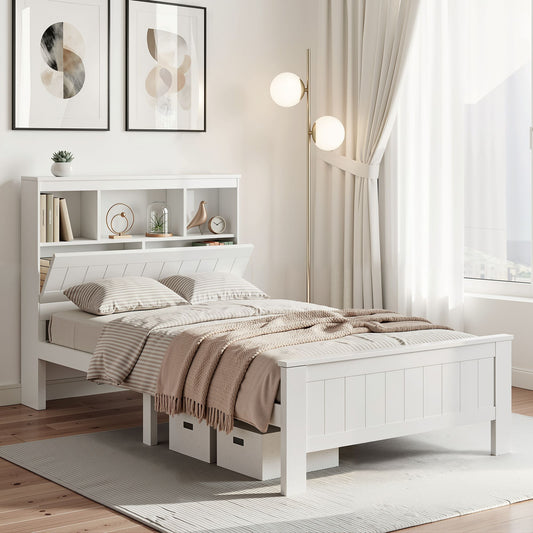 TWSC Bed Frame King Single Size Wooden with 3 Shelves Bed Head White