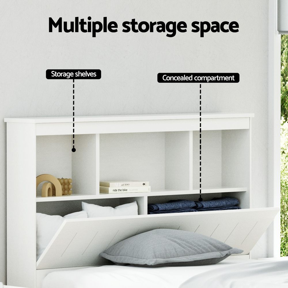 TWSC Bed Frame King Single Size Wooden with 3 Shelves Bed Head White