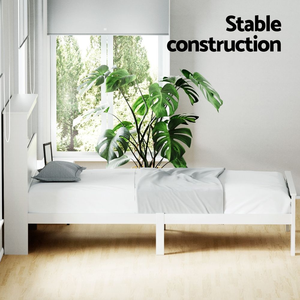 TWSC Bed Frame King Single Size Wooden with 3 Shelves Bed Head White