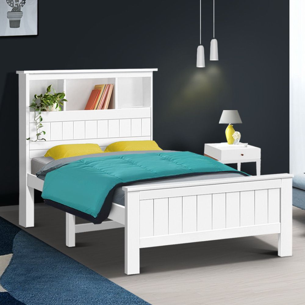 TWSC Bed Frame King Single Size Wooden with 3 Shelves Bed Head White