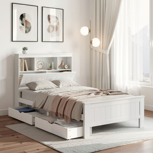 TWSC Bed Frame King Single Size Wooden with 2 Storage Drawers White
