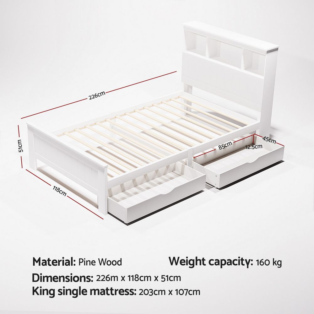 TWSC Bed Frame King Single Size Wooden with 2 Storage Drawers White