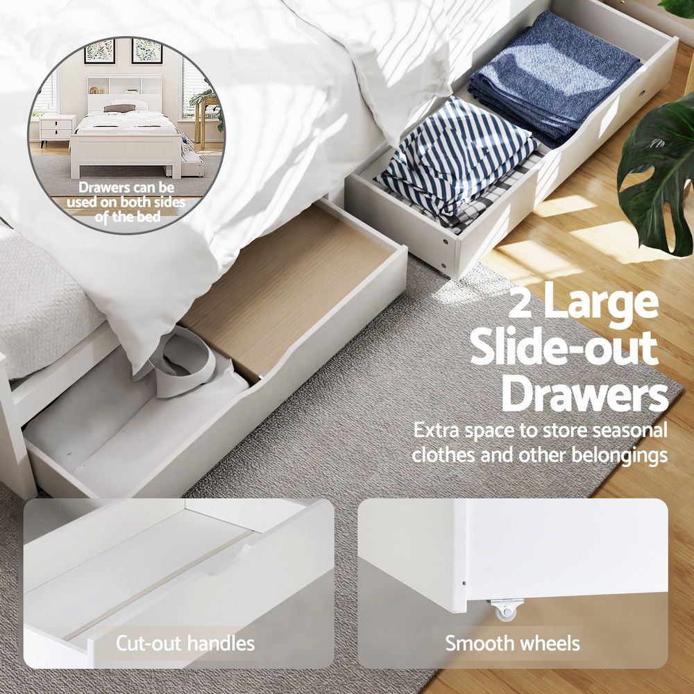 TWSC Bed Frame King Single Size Wooden with 2 Storage Drawers White