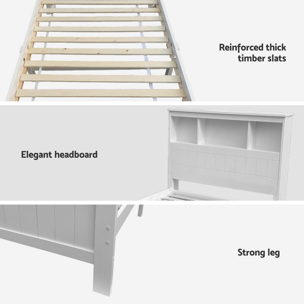 TWSC Bed Frame King Single Size Wooden with 2 Storage Drawers White