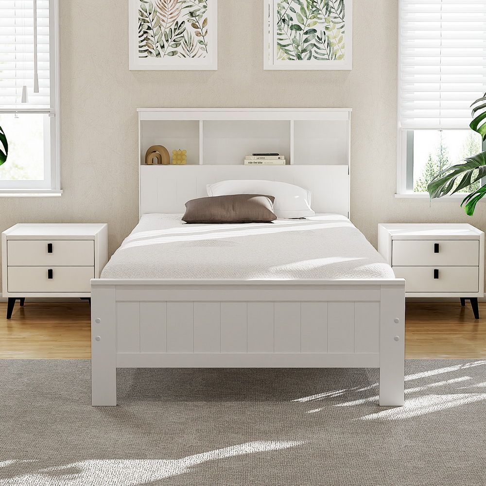 TWSC Bed Frame King Single Size Wooden with 2 Storage Drawers White