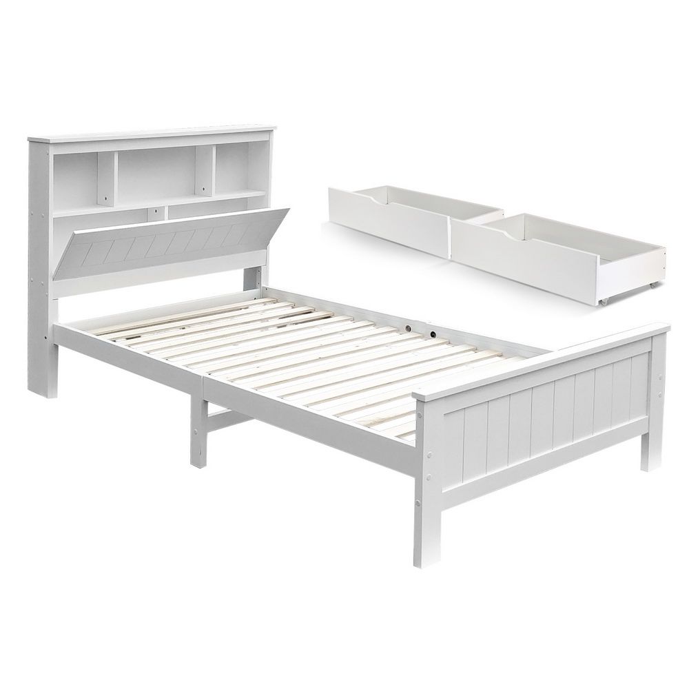 TWSC Bed Frame King Single Size Wooden with 2 Storage Drawers White