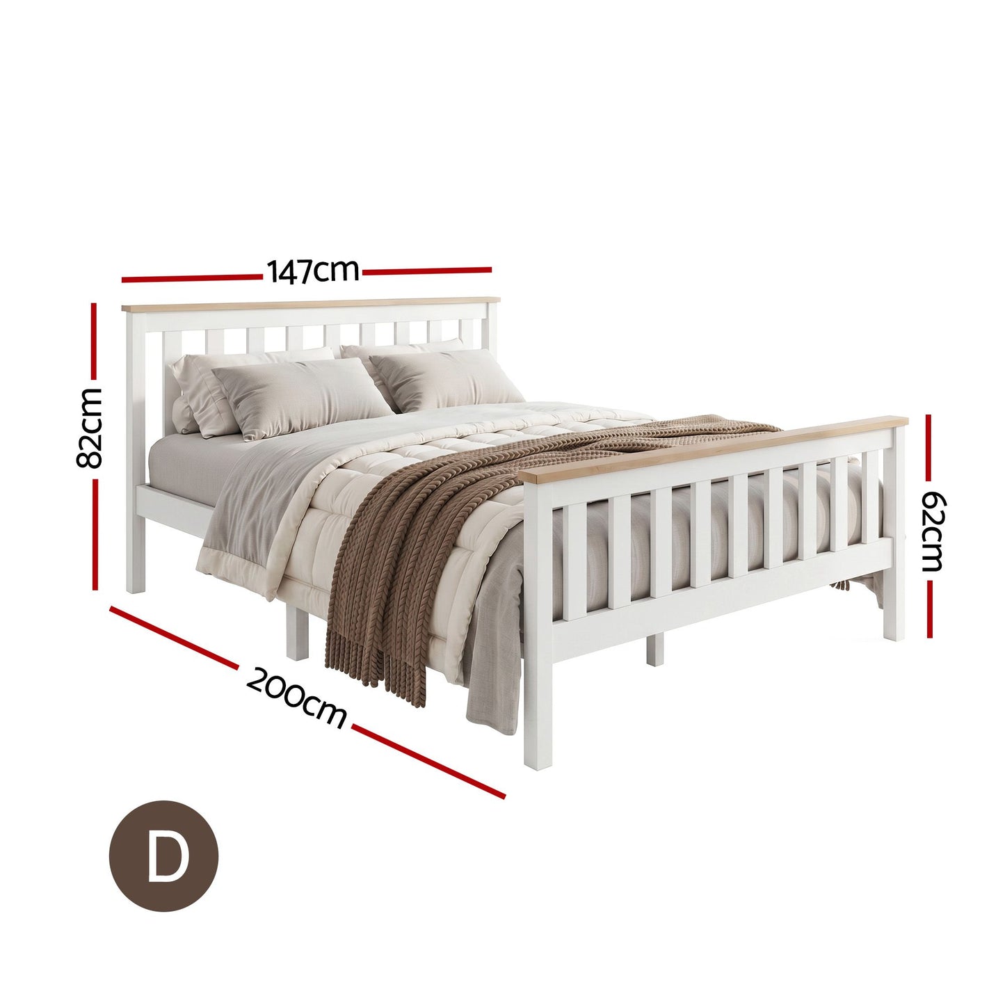 TWSC Bed Frame Double Size Wooden White PONY