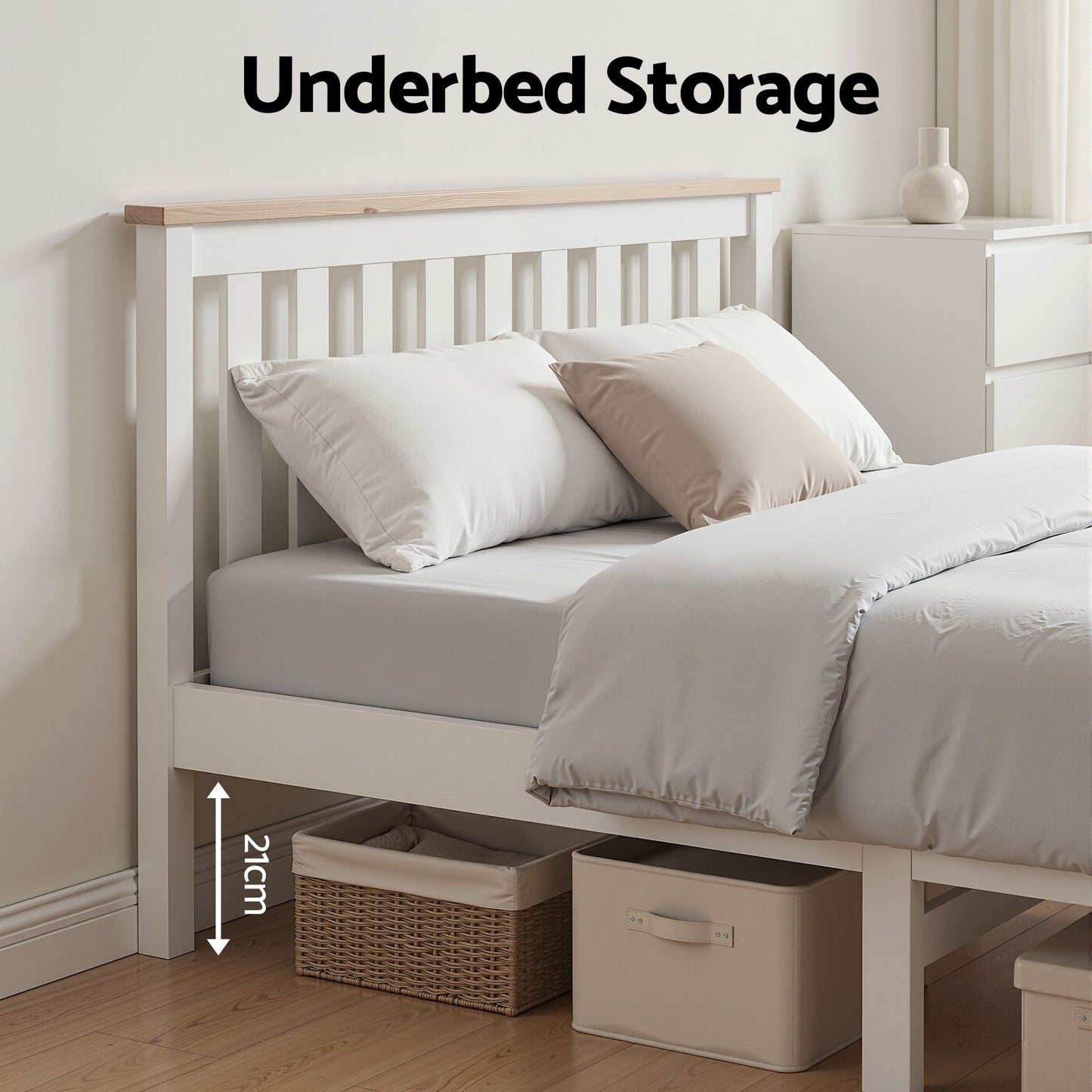 TWSC Bed Frame Double Size Wooden White PONY
