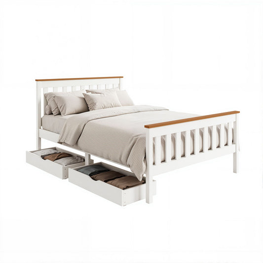 TWSC Bed Frame Double Size Wooden Platform with 2 Storage Drawers White PONY