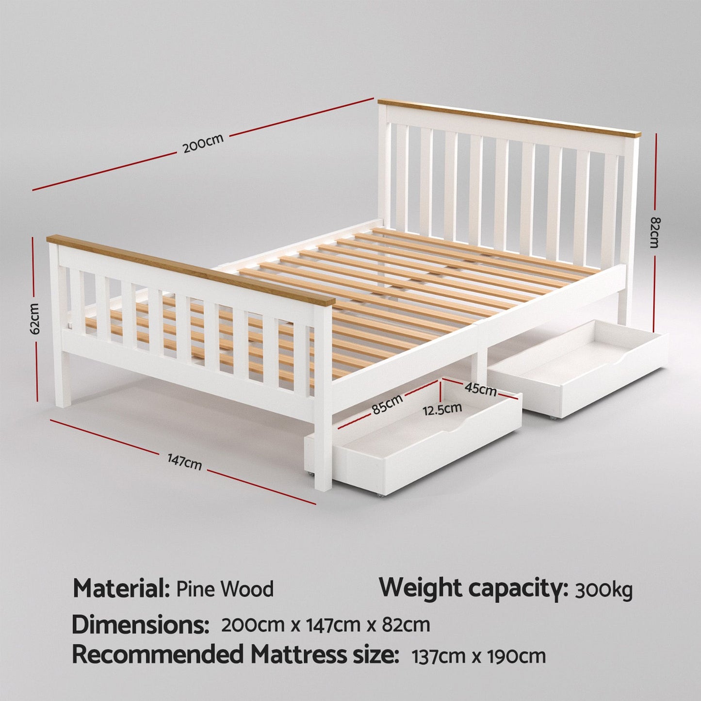 Pony Wooden Bed Frame with Storage Drawers – Double Size, White