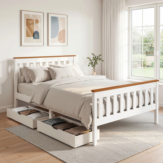 TWSC Bed Frame Double Size Wooden Platform with 2 Storage Drawers White PONY