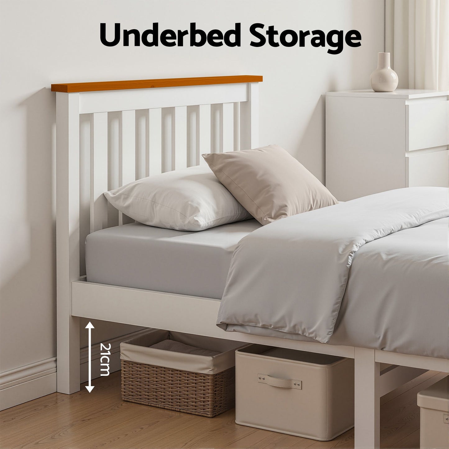TWSC Bed Frame Single Size Wooden White PONY
